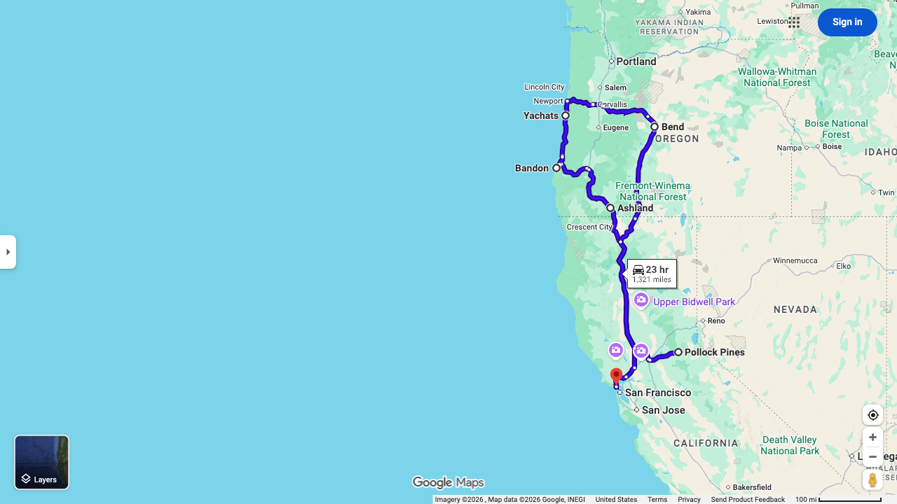 Route map: Pollock Pines → Ashland → Bandon → Yachats → Bend → Mill Valley